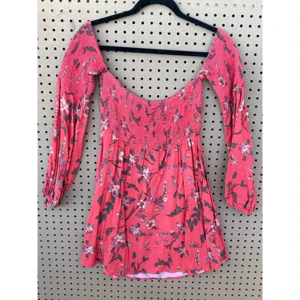 Free People Smocked Floral Off Shoulder Mini Dress Coral Pink Long Sleeve Large